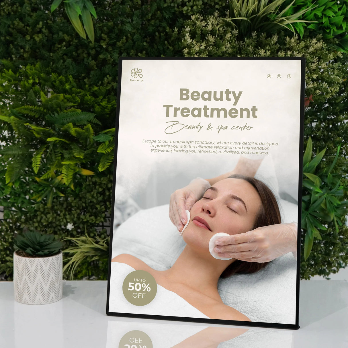 LED Advertising Poster Light Box A2 featuring a beauty treatment promotion, elegant design, soft colors, and a serene spa setting