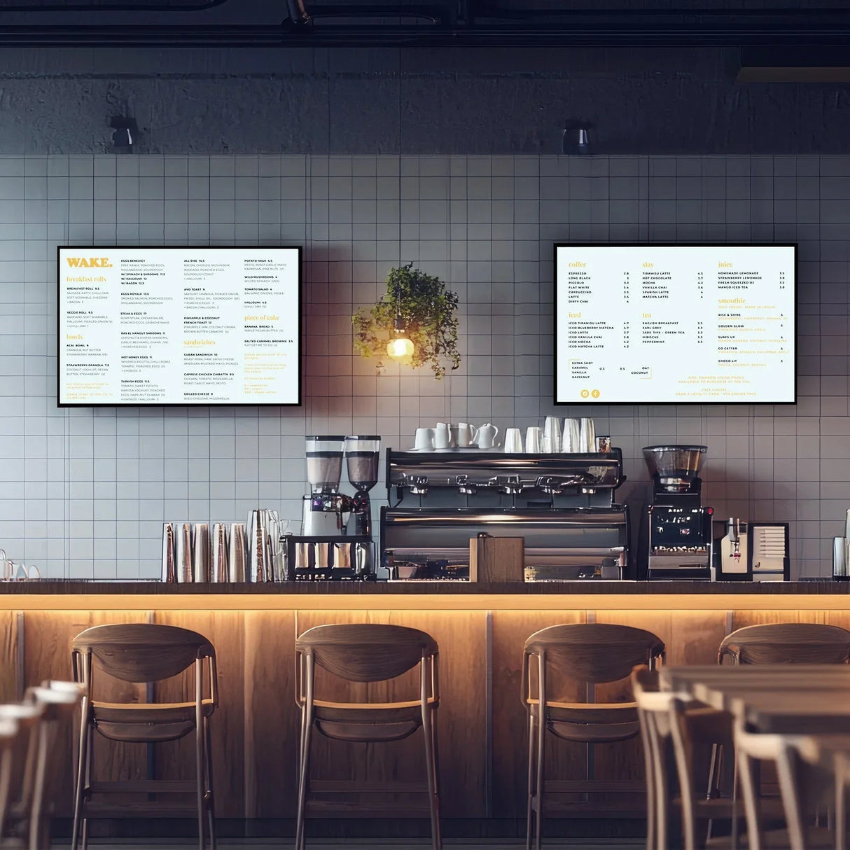LED Advertising Poster Light Box A2 displayed in a modern café, showcasing a menu with a clean layout and vibrant colors on a stylish wall