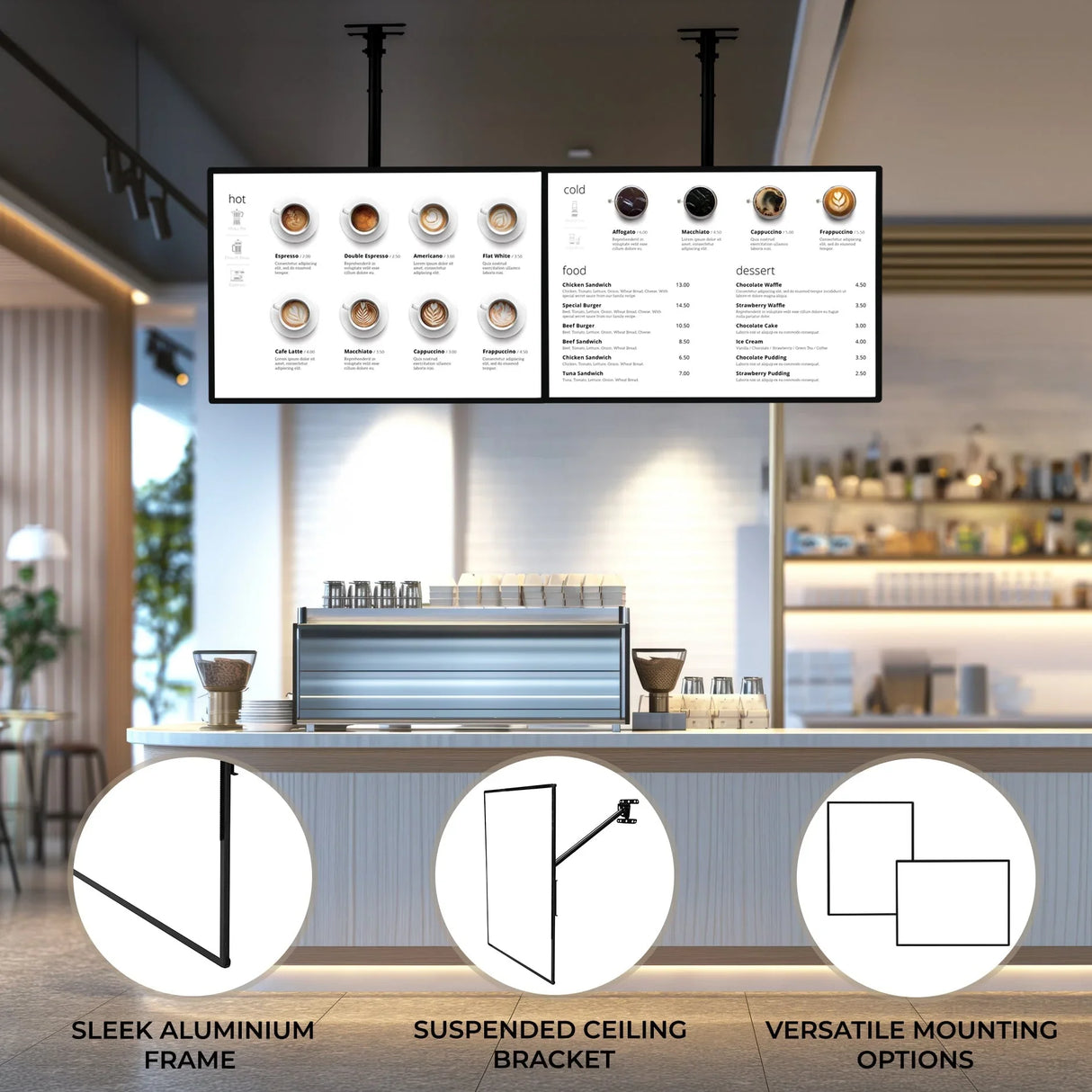 Sleek A2 LED advertising poster light box with a modern aluminum frame, showcasing a menu in a stylish café setting