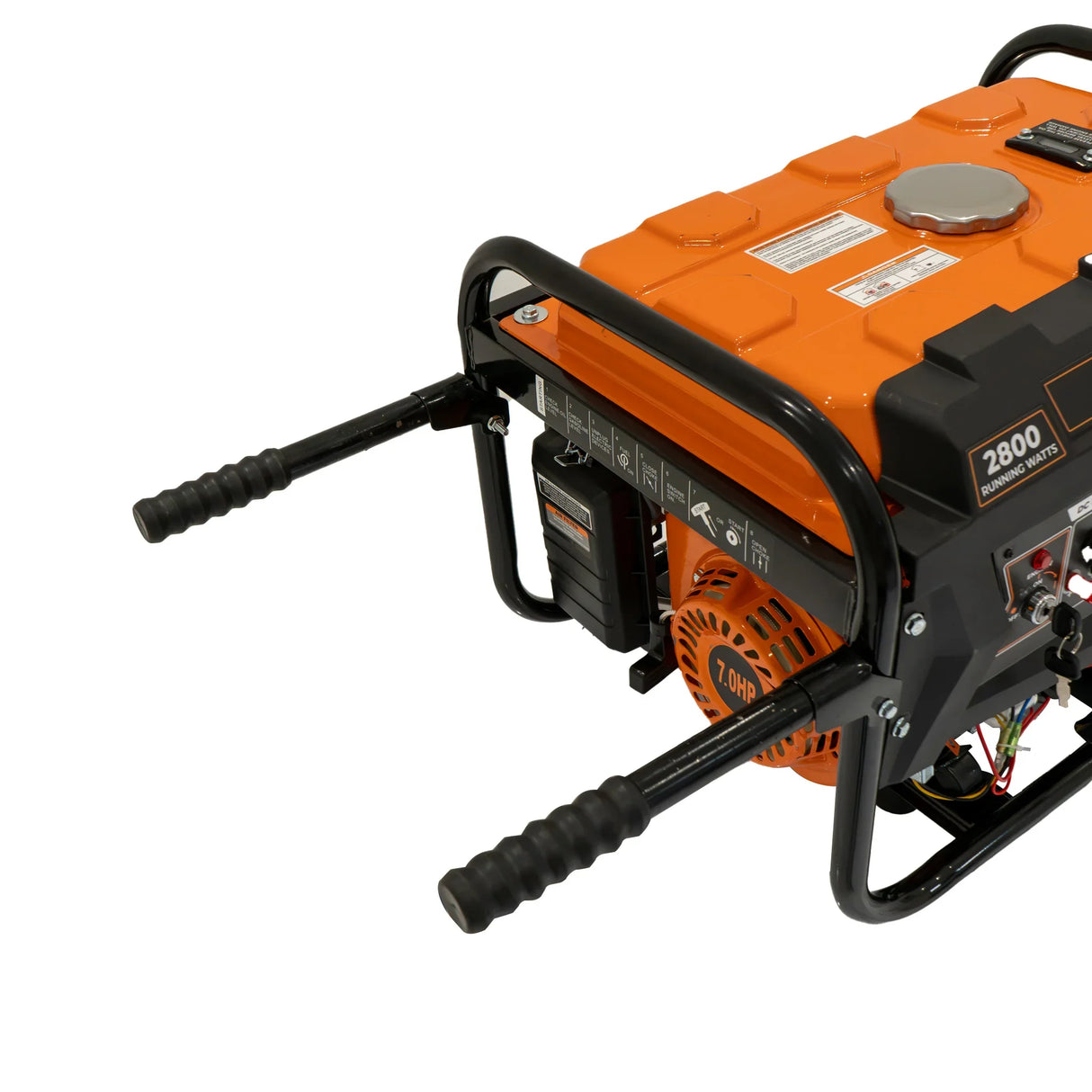 T-Mech portable petrol generator with a bright orange fuel tank, sturdy black frame, and ergonomic handles for easy transport