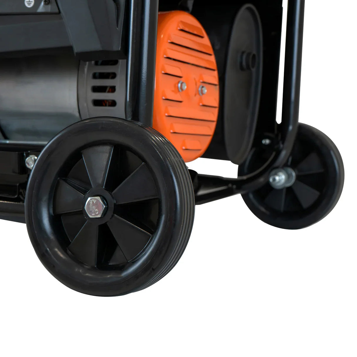 T-Mech Portable Petrol Generator featuring sturdy black wheels, orange engine cover, and durable frame for easy mobility and use