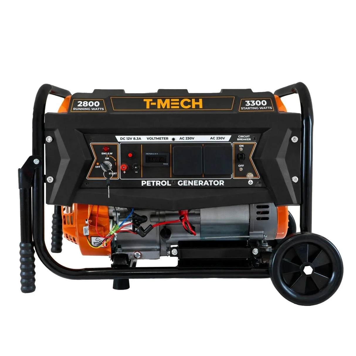 T-Mech portable petrol generator with a sturdy black frame, orange accents, control panel, and wheels for easy mobility