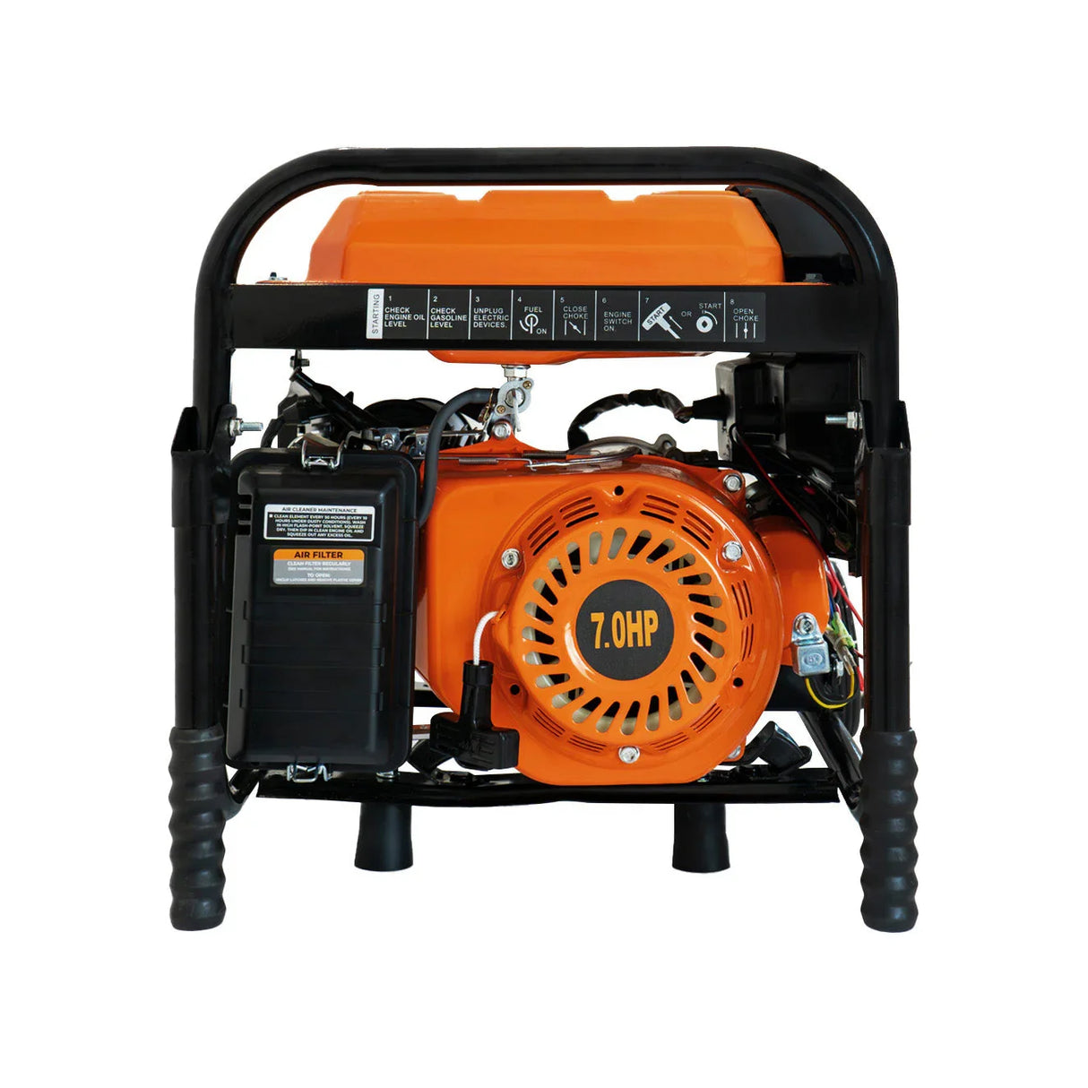 T-Mech portable petrol generator with a bright orange engine, black frame, and sturdy handles, designed for outdoor power needs