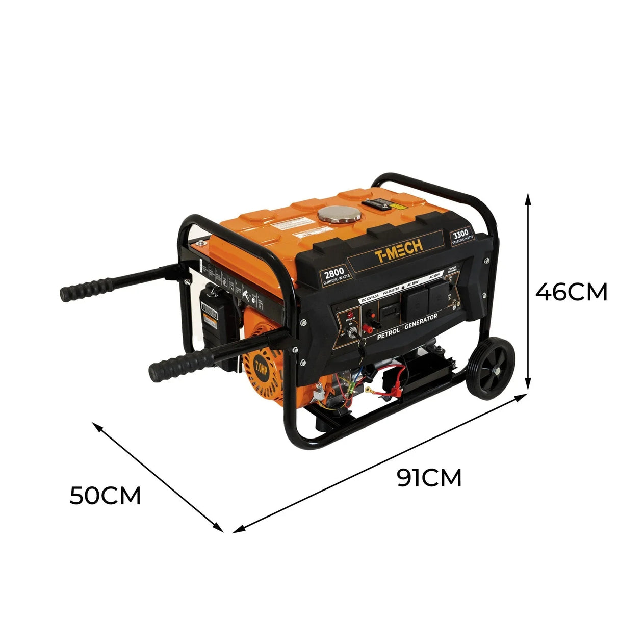 T-Mech Portable Petrol Generator with orange and black casing, featuring wheels, handles, and control panel for easy transport and operation