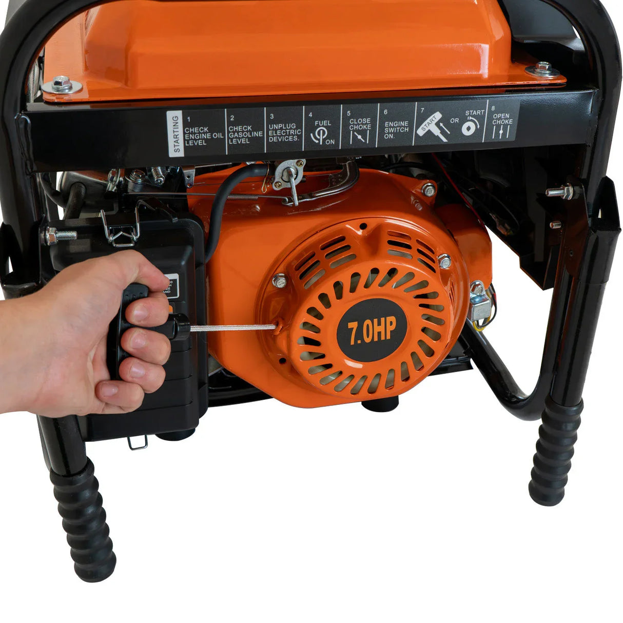 T-Mech Portable Petrol Generator with a vibrant orange engine, black frame, and easy-start pull handle for outdoor power needs