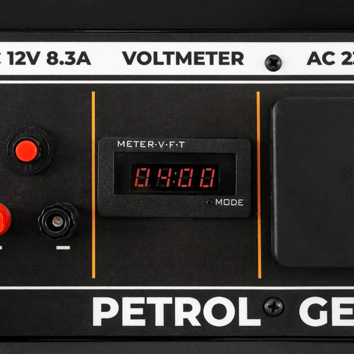 Digital voltmeter display showing 4.00, with red and black input ports, on the control panel of the T-Mech Portable Petrol Generator