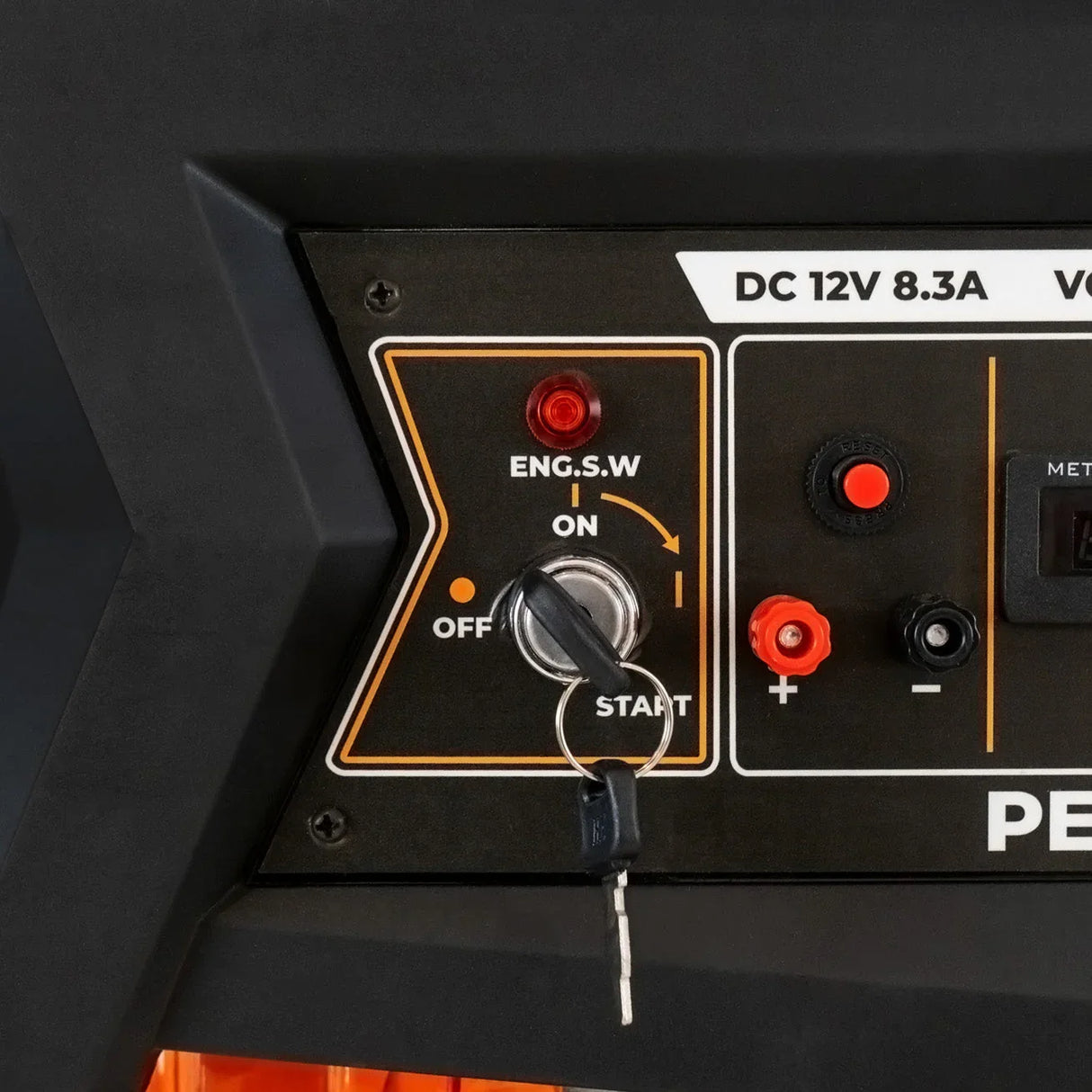 T-Mech Portable Petrol Generator control panel featuring start key, power indicators, and switches in black and orange design