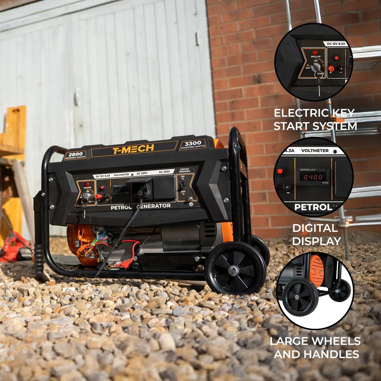 T-Mech portable petrol generator with electric key start, digital display, large wheels, and sturdy frame, ideal for outdoor use