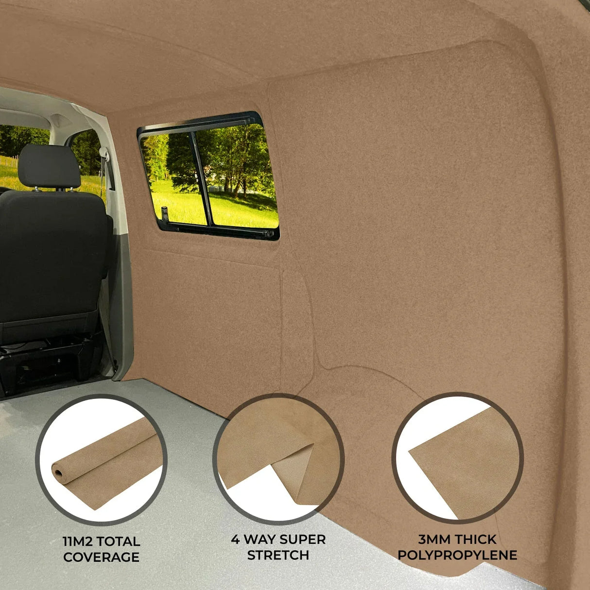 Beige van carpet lining made from 3mm thick polypropylene, featuring a soft texture and 4-way stretch for easy installation