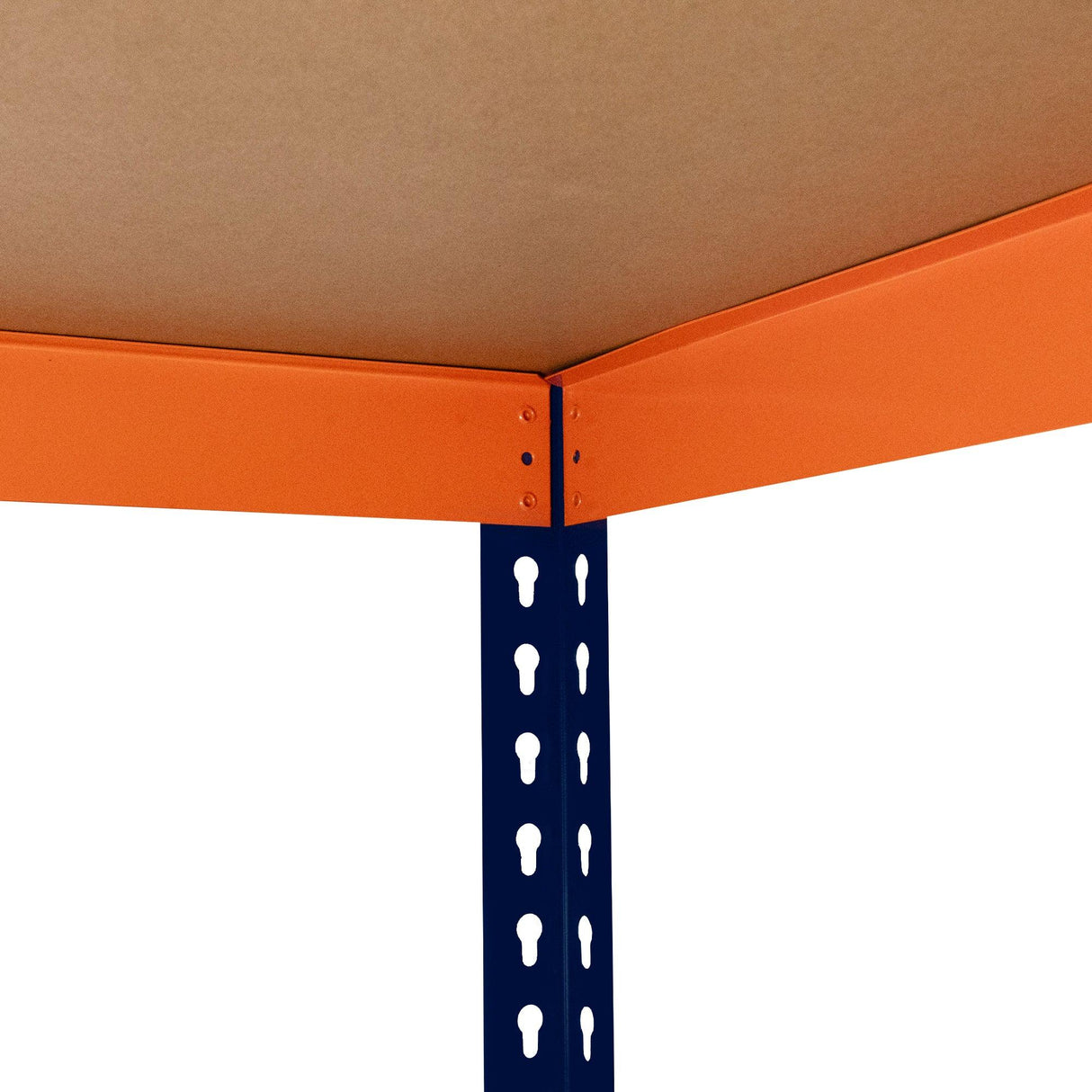 S-Rax 2 Tier Workbench features a sturdy orange metal frame with a smooth wooden top, ideal for workshops or garages, showcasing durability and stability