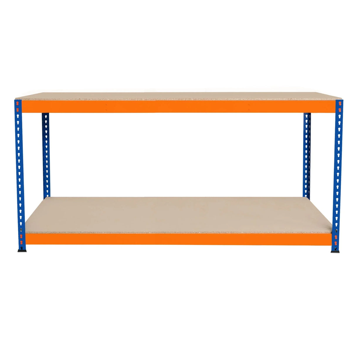 S-Rax 2 Tier Workbench with blue metal frame and orange top, featuring two spacious shelves for tools and equipment storage