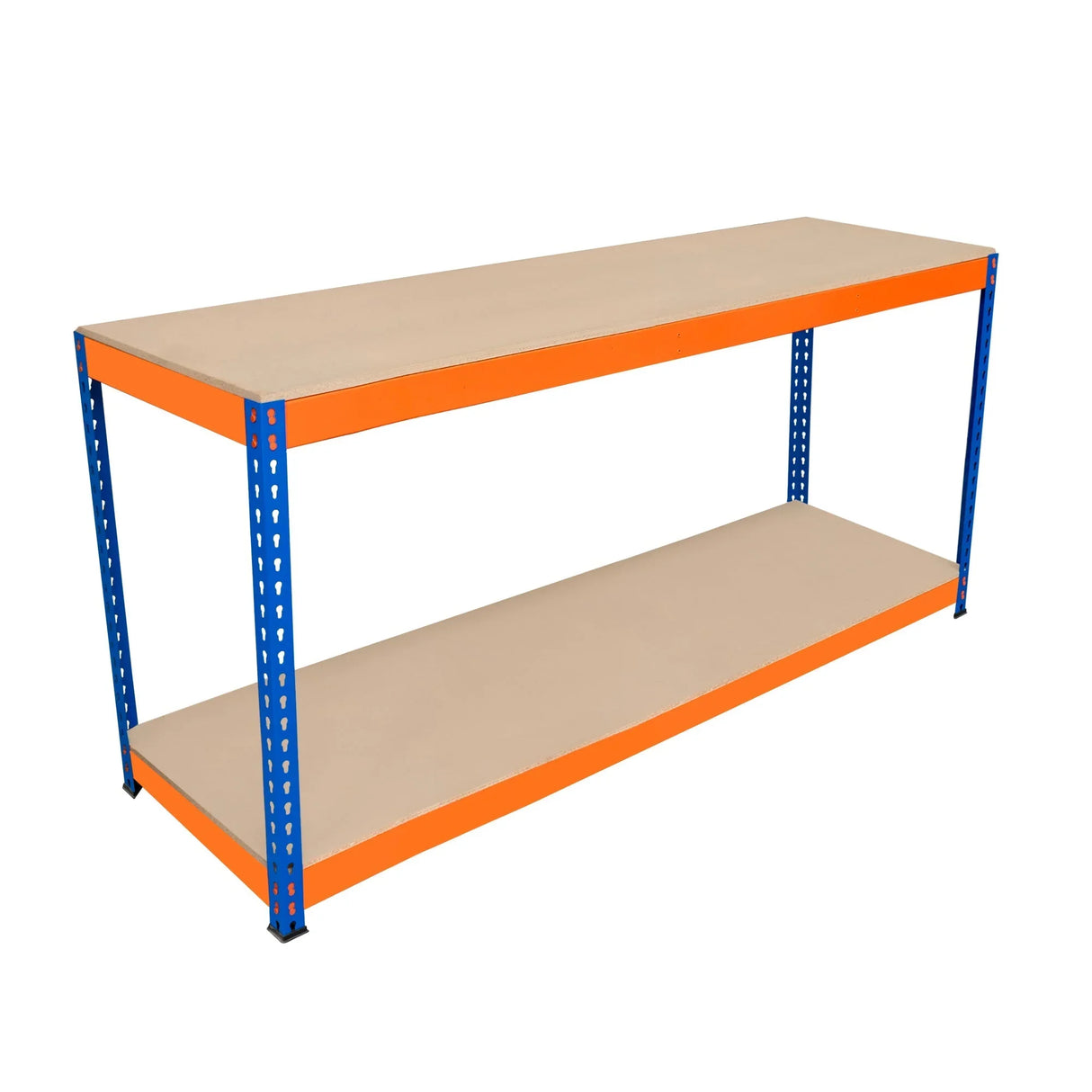 S-Rax 2 Tier Workbench with a sturdy blue and orange metal frame, featuring two spacious beige shelves for versatile storage