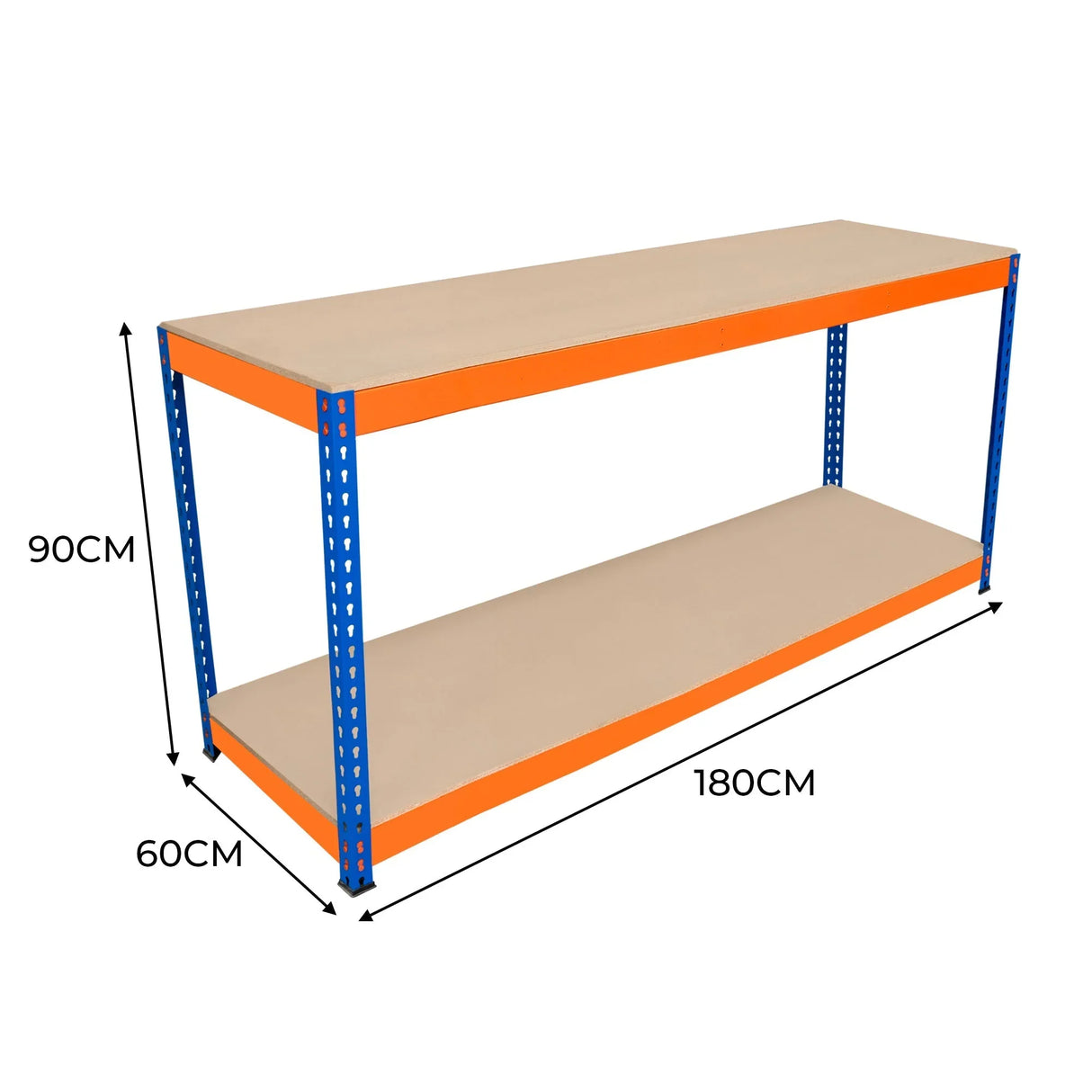 S-Rax 2 Tier Workbench with orange and blue metal frame, featuring two spacious shelves, measuring 180cm x 60cm x 90cm
