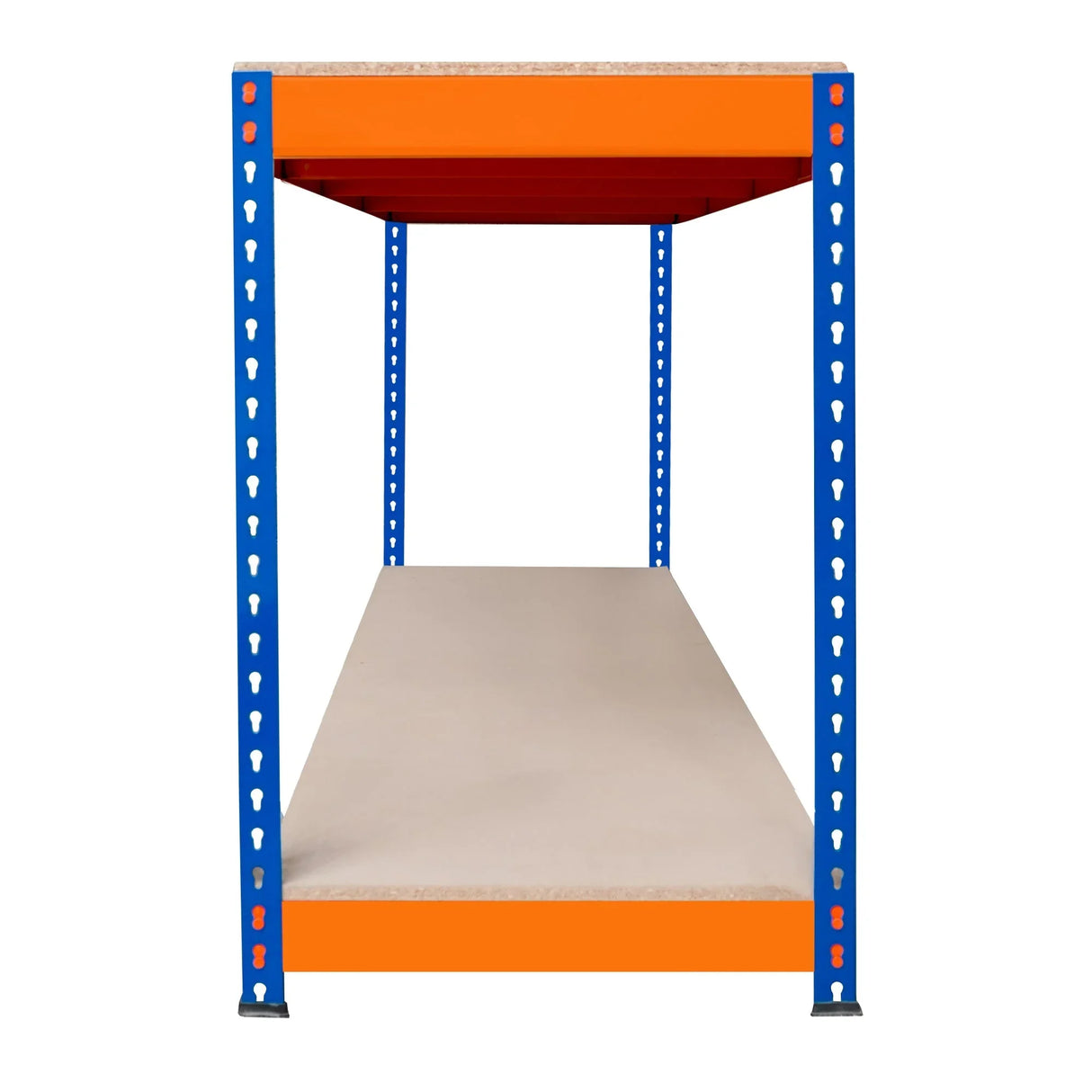 S-Rax 2 Tier Workbench featuring a sturdy blue metal frame, orange accents, and a smooth, durable beige work surface, measuring 180cm x 60cm x 90cm