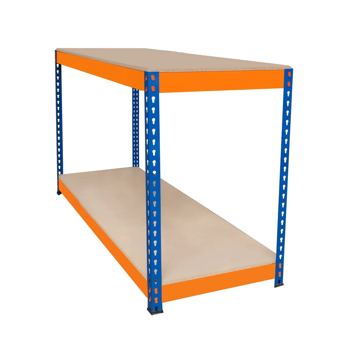 S-Rax 2 Tier Workbench featuring a sturdy orange and blue metal frame with two spacious beige shelves for versatile storage