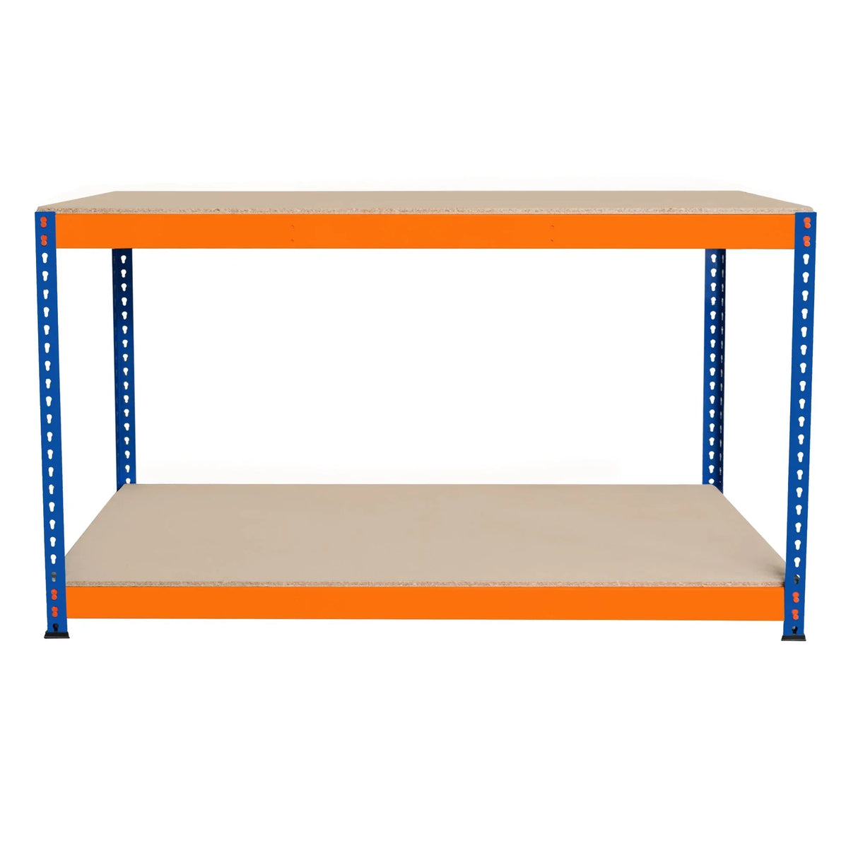 S-Rax 2 Tier Workbench with a sturdy blue metal frame and orange accents, featuring two spacious beige shelves for versatile storage
