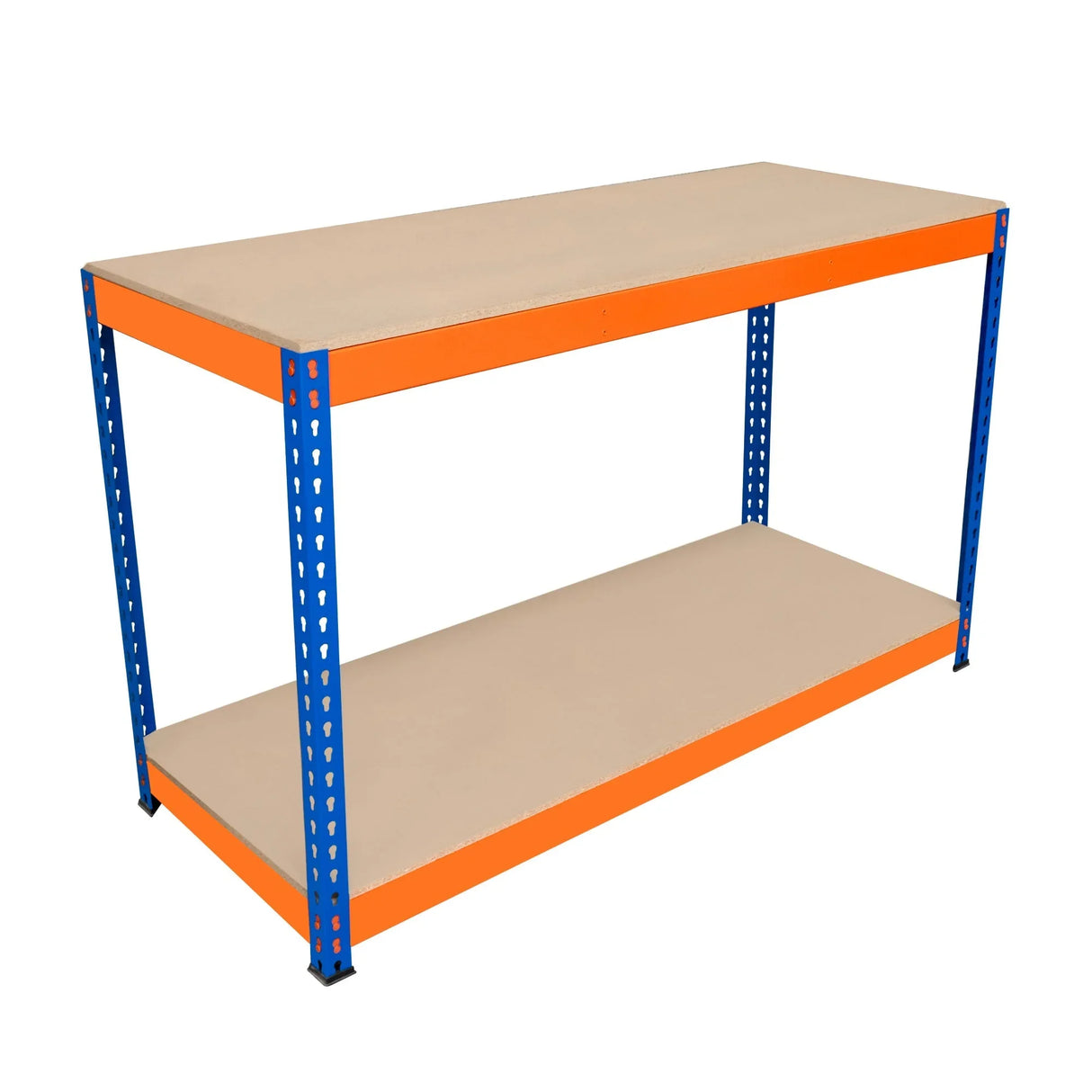 S-Rax 2 Tier Workbench with a sturdy orange and blue metal frame, featuring two spacious beige shelves for tools and equipment