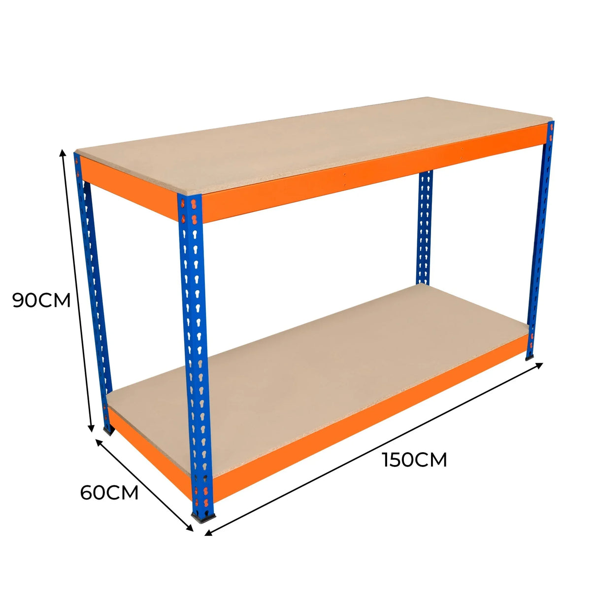 S-Rax 2 Tier Workbench with sturdy orange and blue metal frame, featuring a smooth beige surface, measuring 150cm x 60cm x 90cm