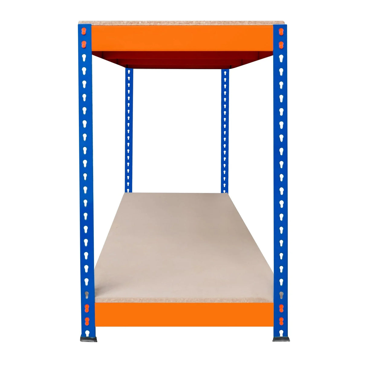 S-Rax 2 Tier Workbench with a sturdy orange top and blue metal frame, measuring 150cm x 60cm x 90cm, ideal for workspace organization