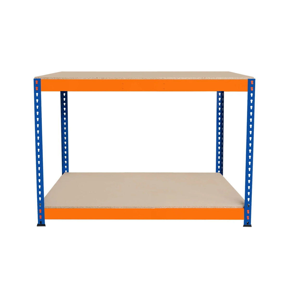 S-Rax 2 Tier Workbench with a sturdy blue metal frame and orange accents, featuring two spacious beige shelves for versatile use