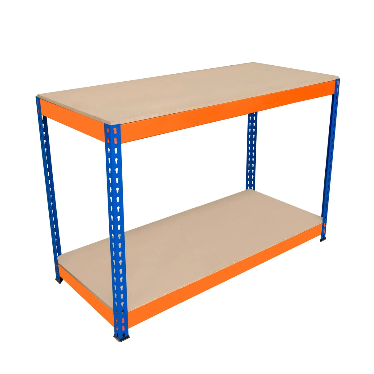 S-Rax 2 Tier Workbench with a sturdy blue metal frame and a smooth beige top, measuring 120cm x 60cm x 90cm, ideal for workshops