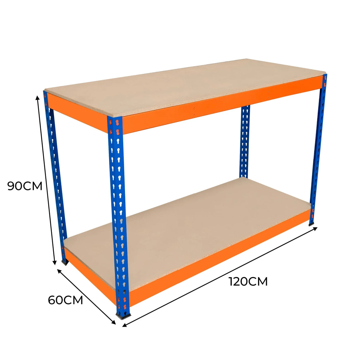 S-Rax 2 Tier Workbench with orange metal frame and beige top, measuring 120cm x 60cm x 90cm, ideal for workspace organization