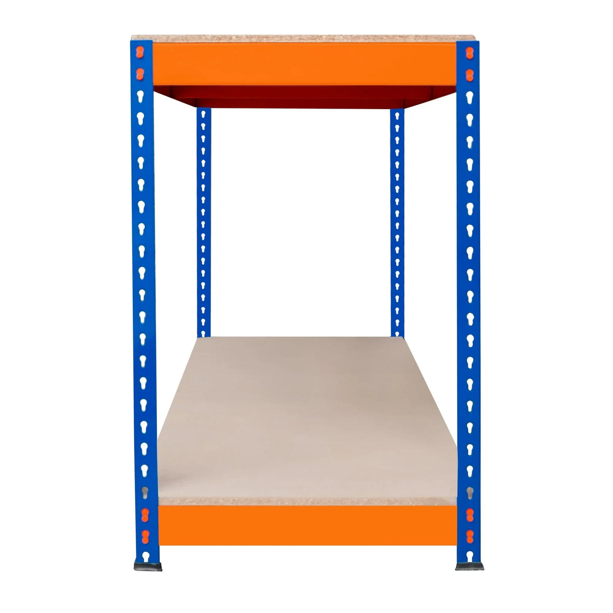 S-Rax 2 Tier Workbench with orange top and blue metal frame, measuring 120cm x 60cm x 90cm, sturdy and spacious design