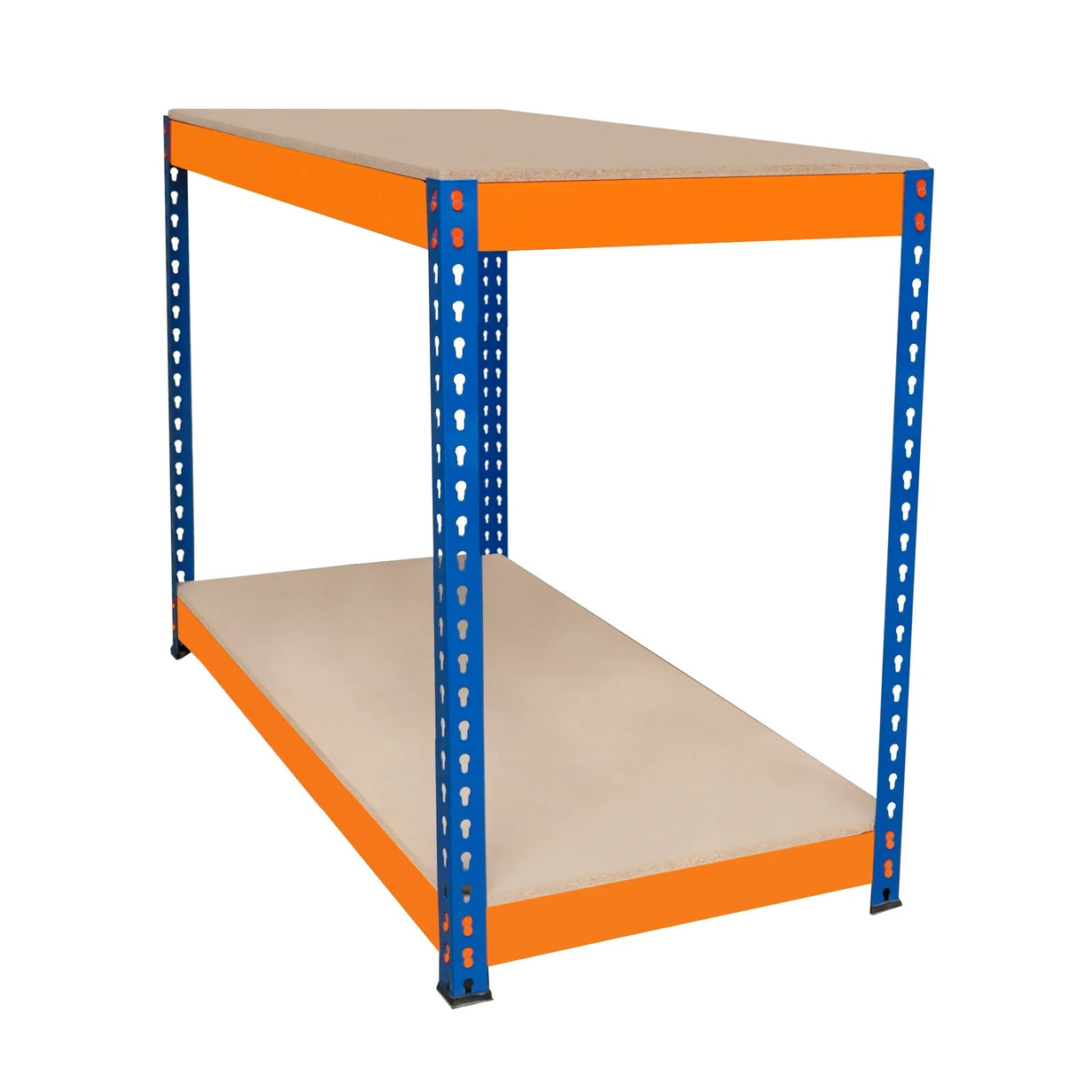 S-Rax 2 Tier Workbench with a sturdy orange frame and beige shelves, measuring 120cm x 60cm x 90cm, ideal for workspace organization