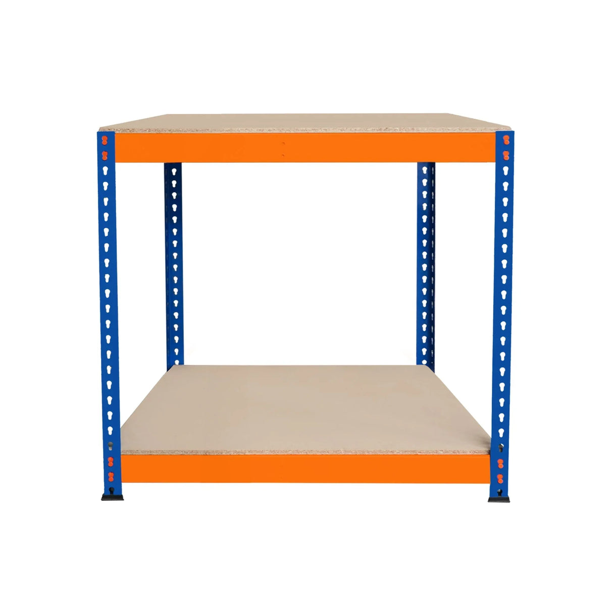 S-Rax 2 Tier Workbench featuring a sturdy blue metal frame with orange accents and two spacious beige shelves for versatile storage