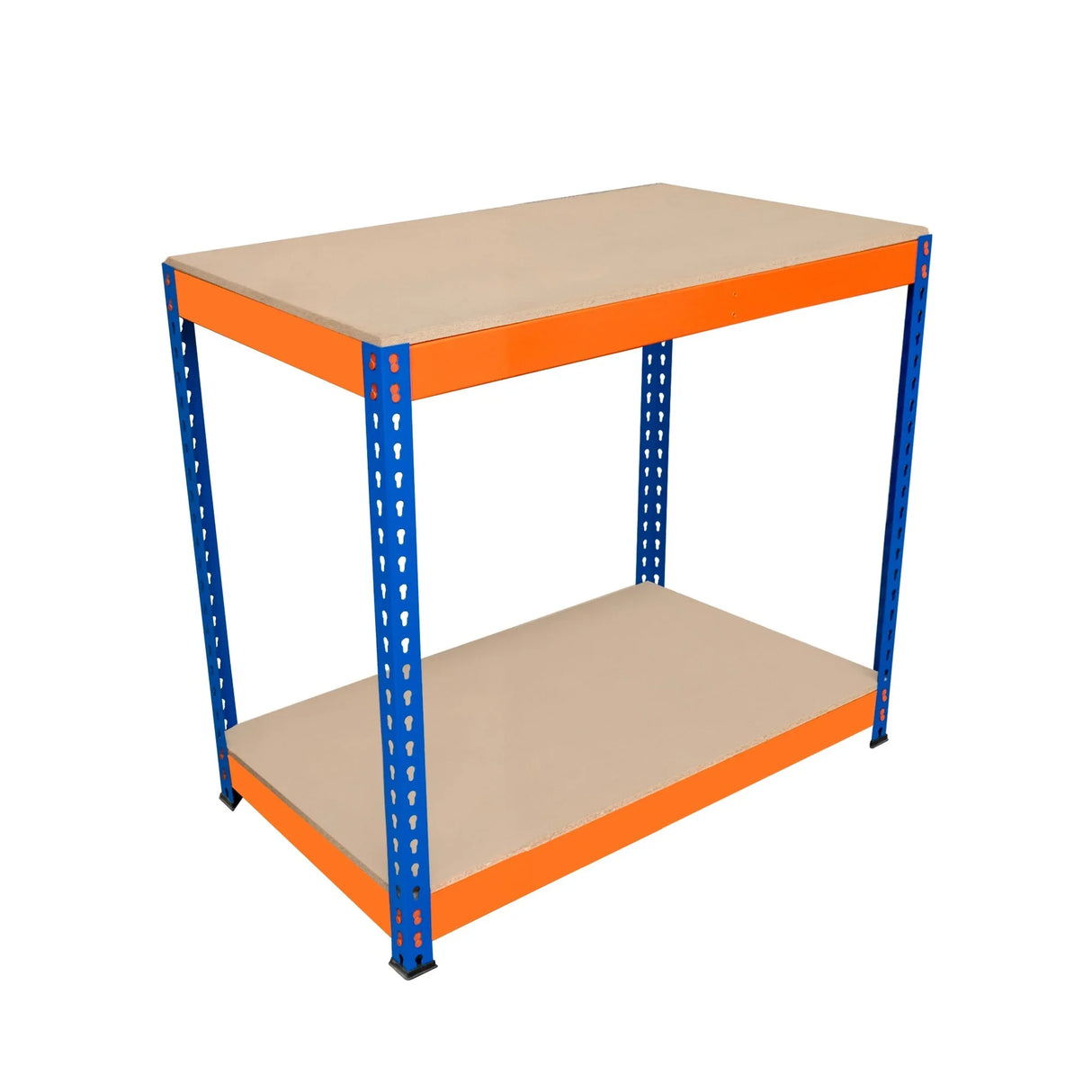 S-Rax 2 Tier Workbench with a sturdy blue metal frame and orange accents, featuring two spacious beige shelves for versatile storage
