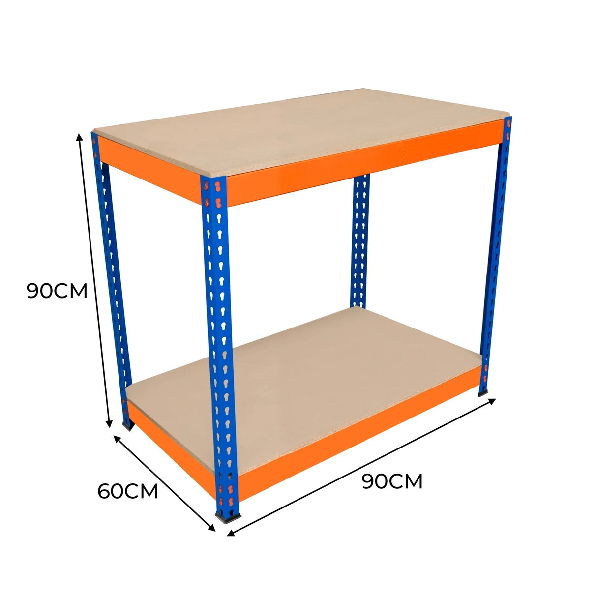 S-Rax 2 Tier Workbench with blue metal frame and beige shelves, measuring 90cm x 60cm x 90cm, ideal for workspace organization