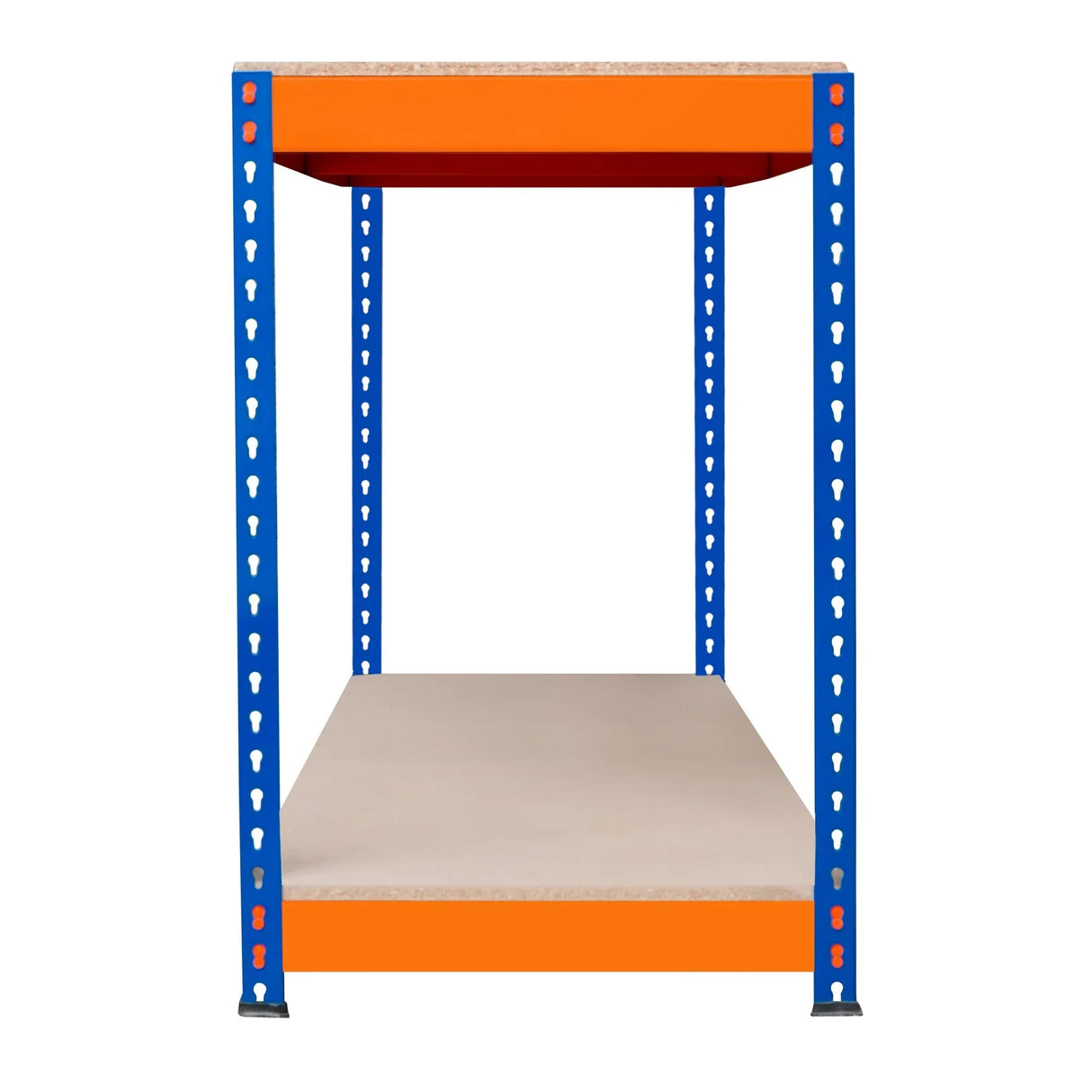 S-Rax 2 Tier Workbench with a sturdy blue metal frame, orange top shelf, and beige lower shelf, ideal for workspace organization