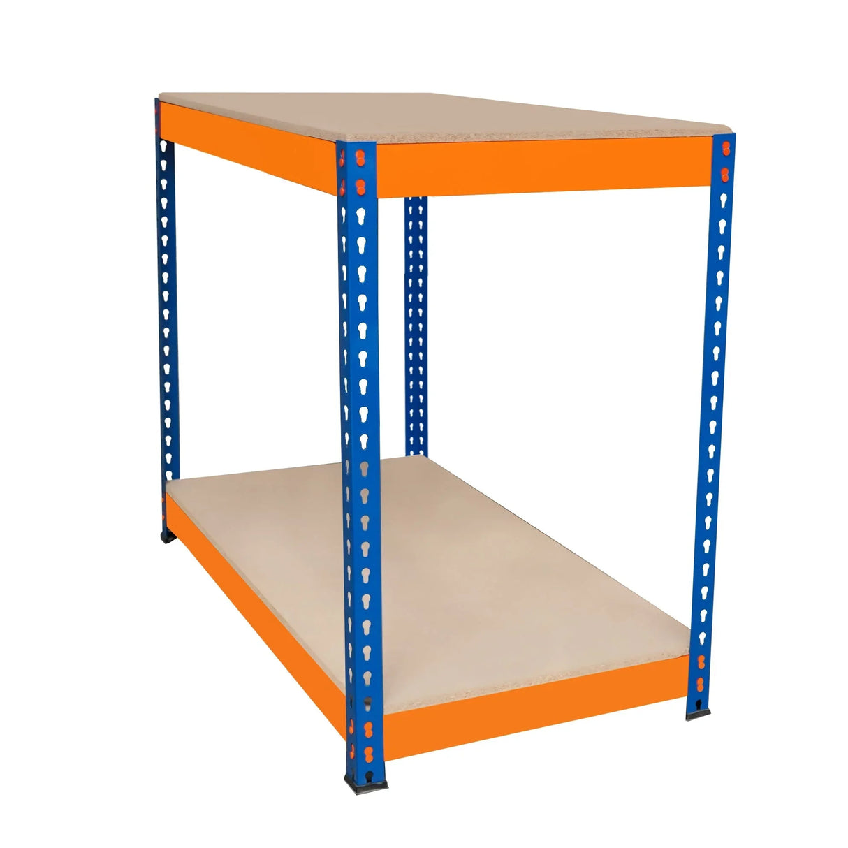 S-Rax 2 Tier Workbench featuring a sturdy blue metal frame with orange accents and a smooth beige surface, ideal for workshops