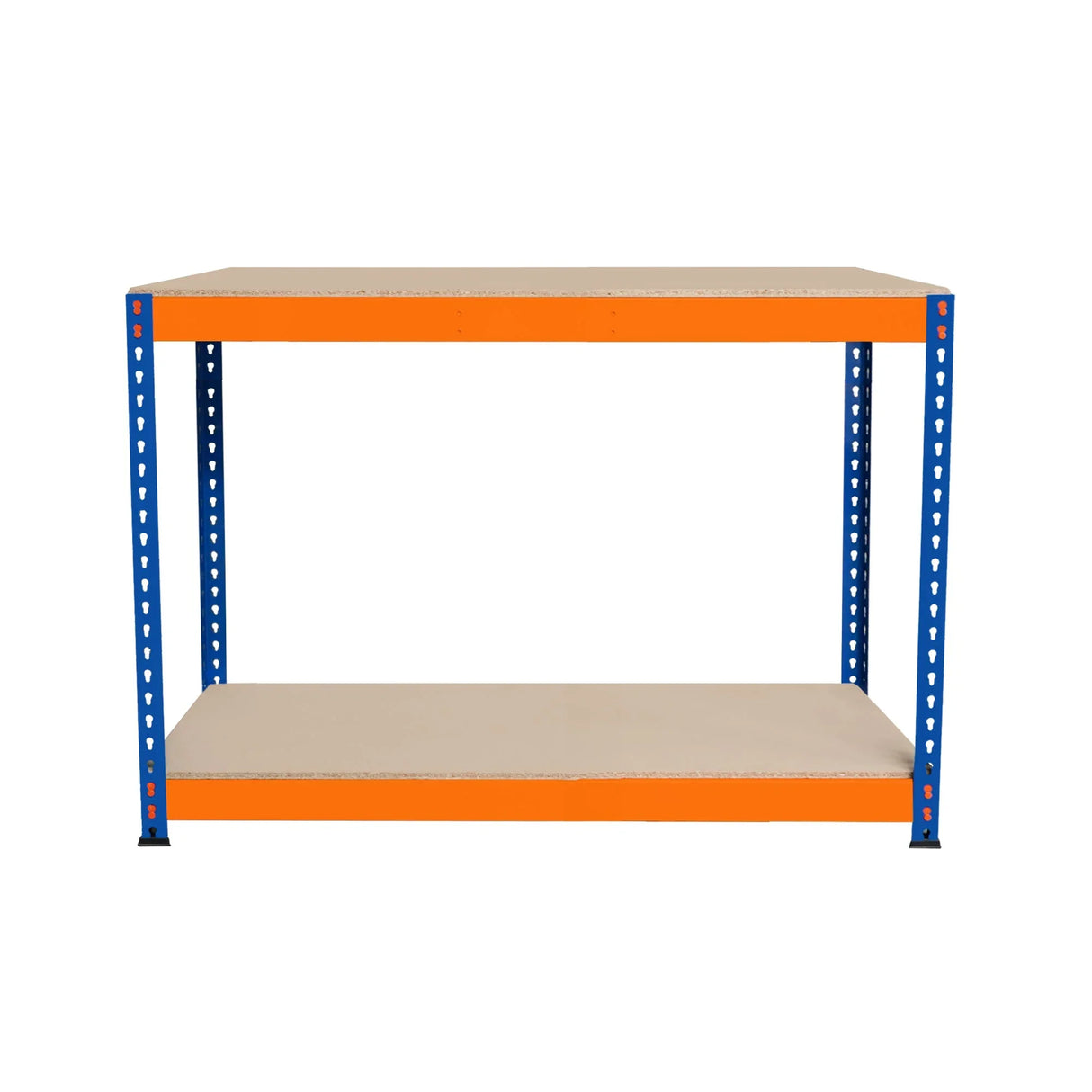 S-Rax 2 Tier Workbench with sturdy blue metal frame and orange accents, featuring two spacious beige shelves for versatile storage