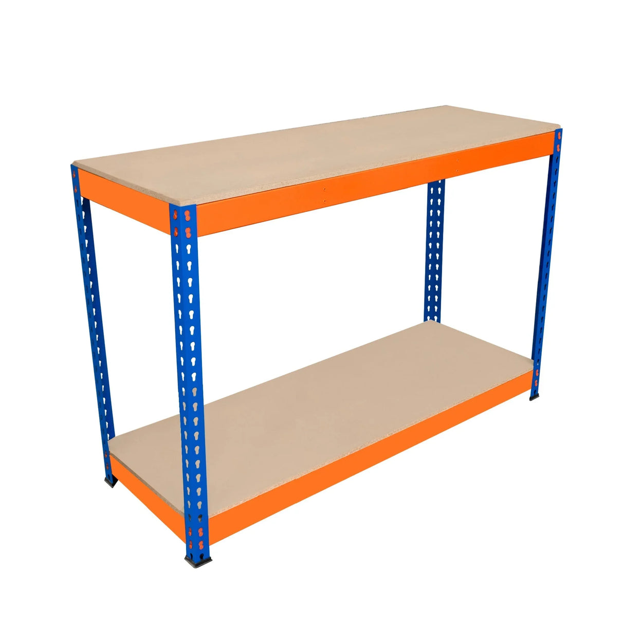 S-Rax 2 Tier Workbench with a sturdy orange and blue frame, featuring two spacious shelves for tools and equipment storage