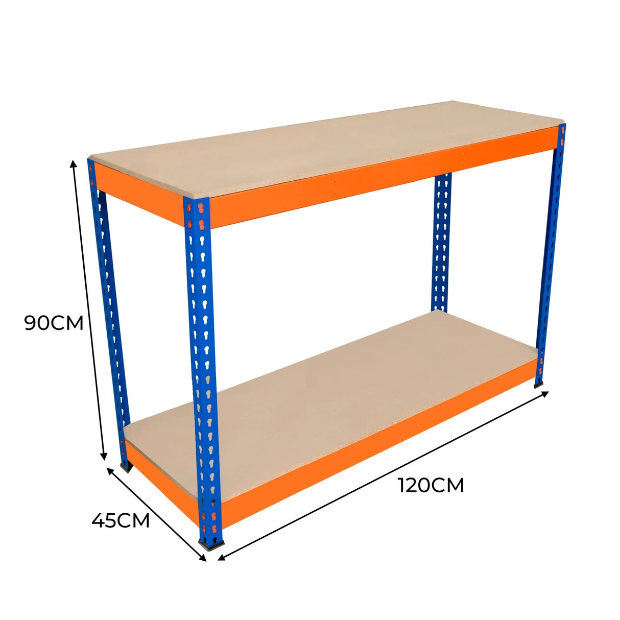 S-Rax 2 Tier Workbench in blue and orange, measuring 120cm x 45cm x 90cm, features sturdy metal frame and smooth surfaces