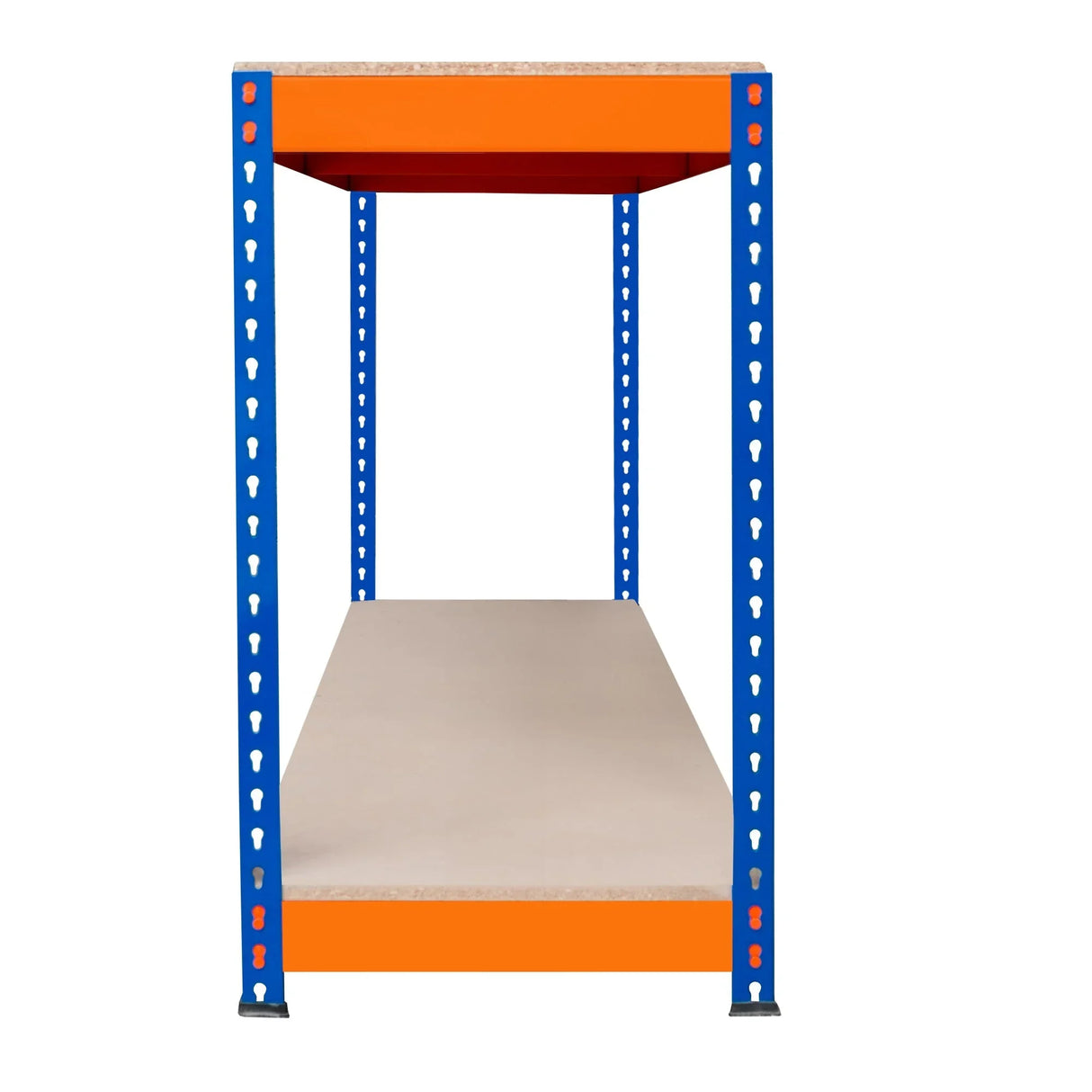S-Rax 2 Tier Workbench with a sturdy blue metal frame and orange shelves, featuring a smooth, light-colored work surface