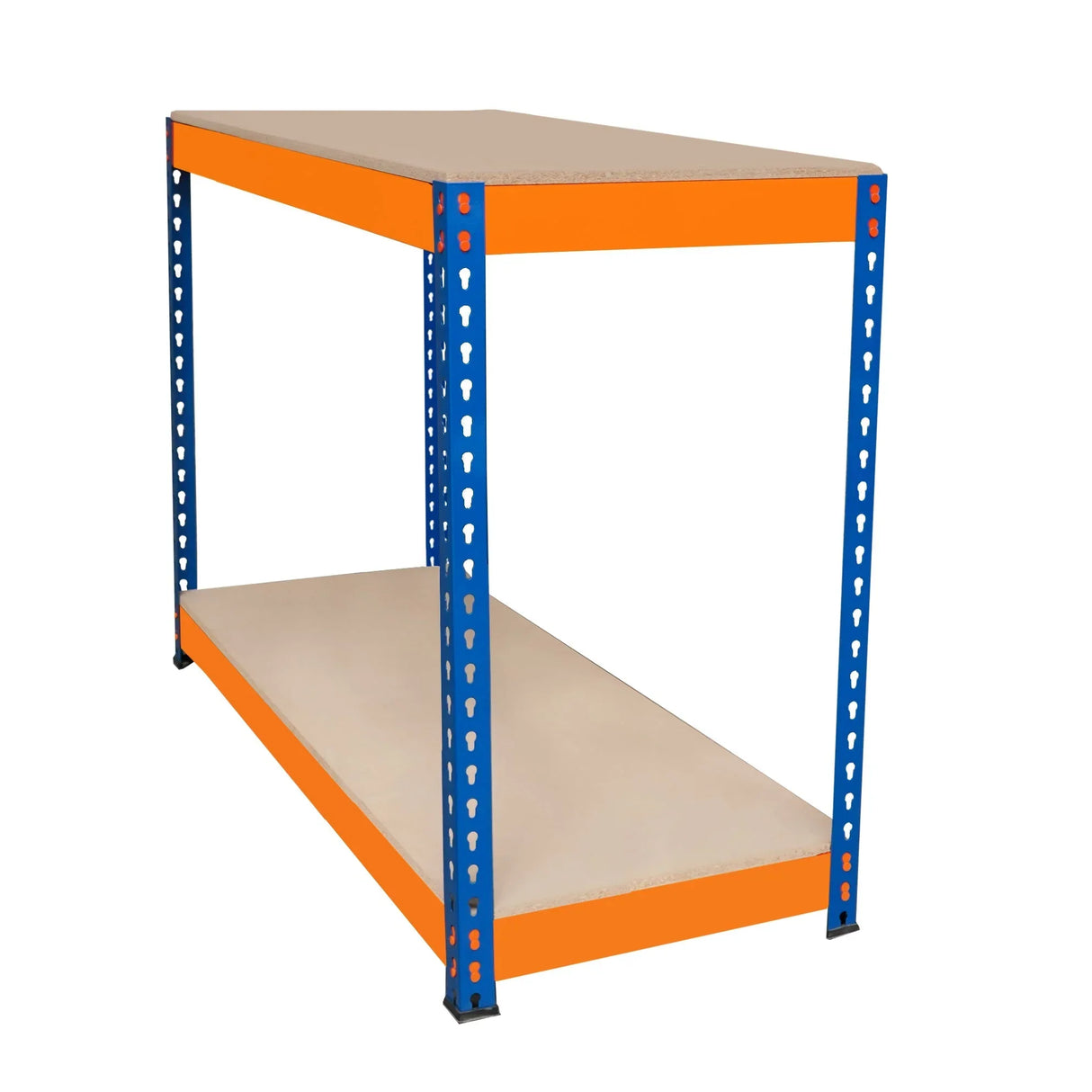 S-Rax 2 Tier Workbench with a sturdy blue and orange frame, featuring two spacious shelves for tools and equipment storage