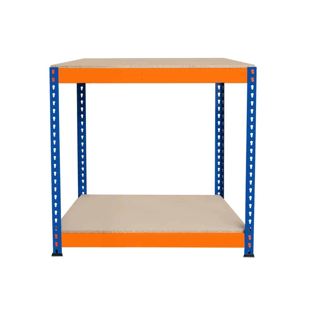 S-Rax 2 Tier Workbench featuring a sturdy blue metal frame and two beige shelves, ideal for workshops or storage solutions