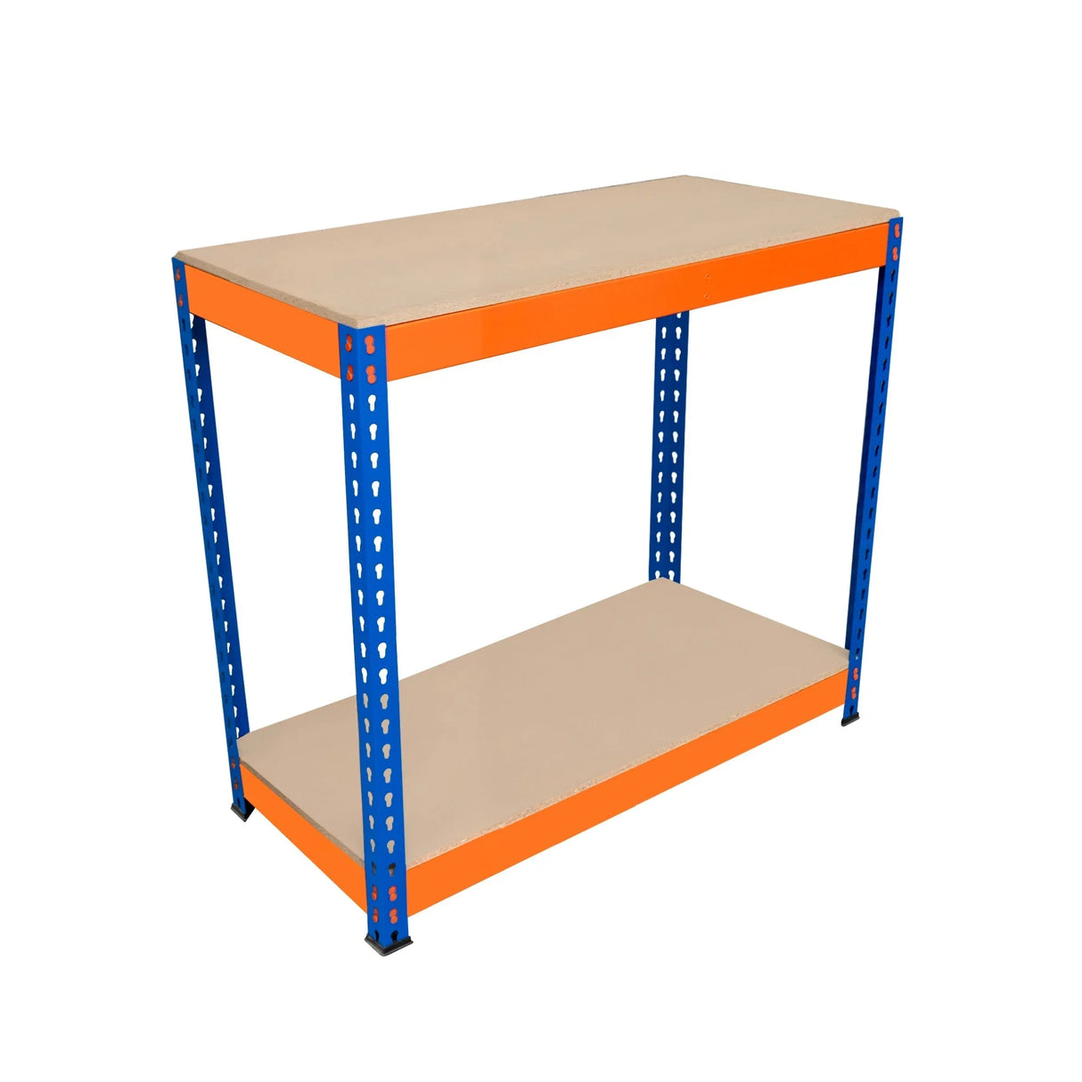 S-Rax 2 Tier Workbench with a sturdy blue and orange metal frame, featuring two spacious beige shelves for versatile storage