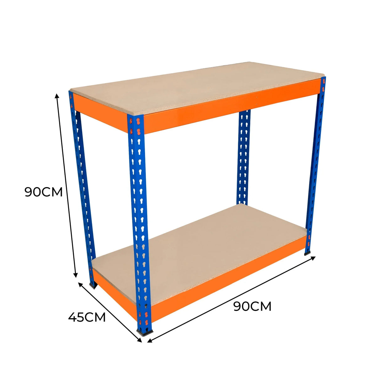 S-Rax 2 Tier Workbench with a sturdy blue frame and beige shelves, measuring 90cm x 45cm x 90cm, ideal for workspace organization