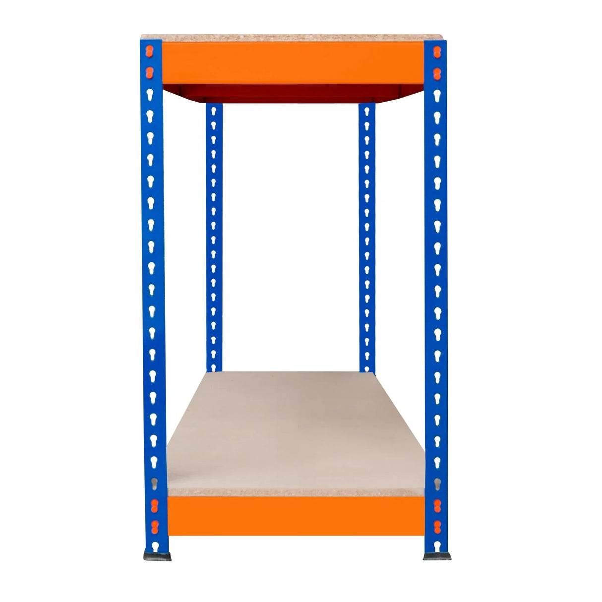 S-Rax 2 Tier Workbench with a sturdy blue metal frame, orange top shelf, and neutral-colored work surface, ideal for workshops