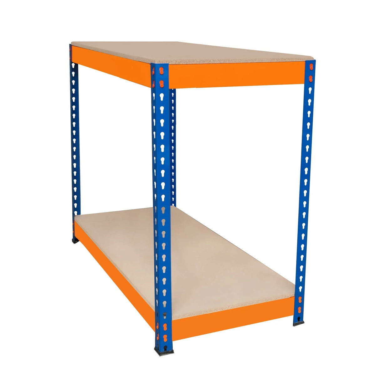 S-Rax 2 Tier Workbench featuring a sturdy blue metal frame and orange accents, with two spacious beige shelves for versatile storage