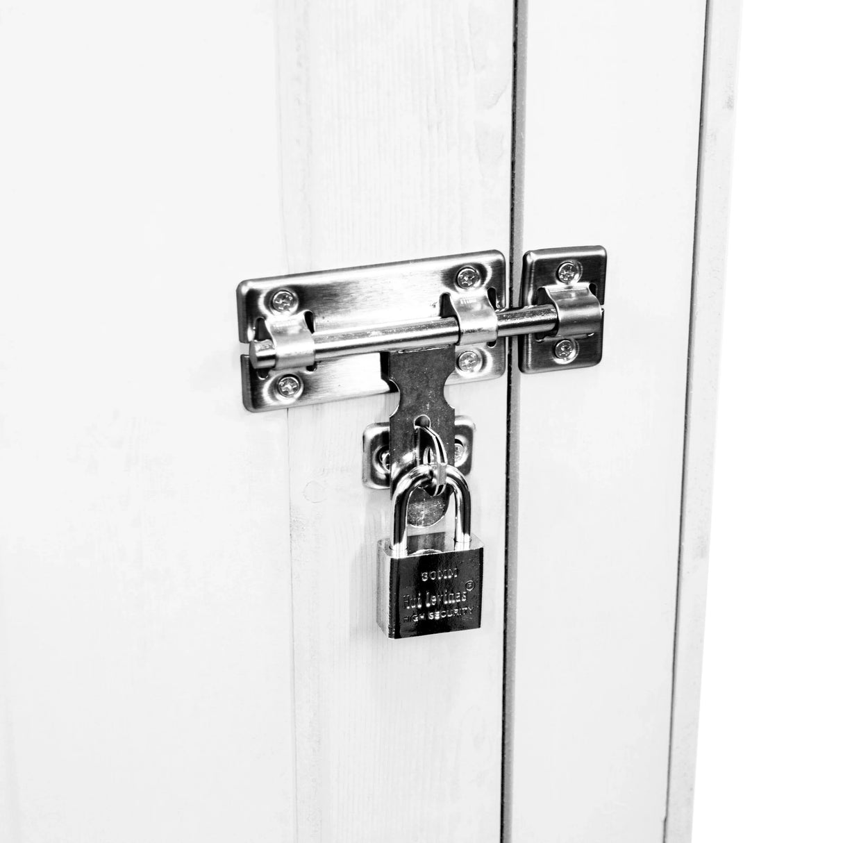 Close-up of a secure metal latch and padlock on the white wooden door of a garden shed, showcasing durability and safety features