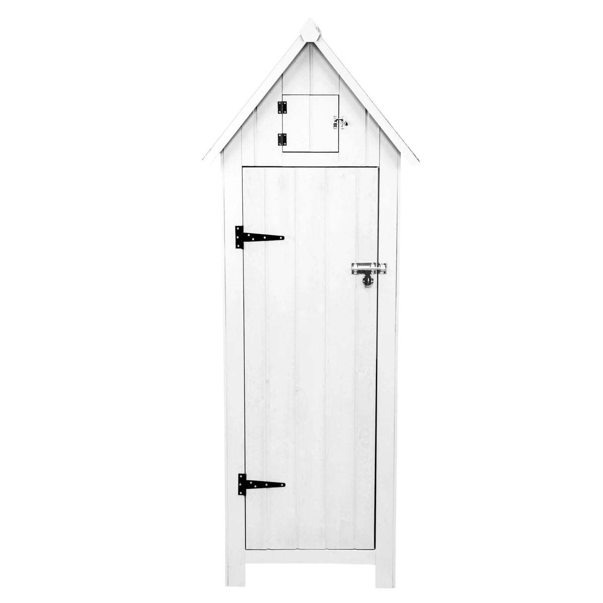 White wooden garden shed with a sloped roof, featuring a large door, small upper window, and black metal hinges and latch