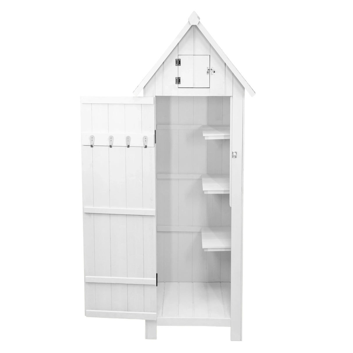 White wooden garden shed with a peaked roof, featuring shelves, hooks, and a small lockable compartment inside