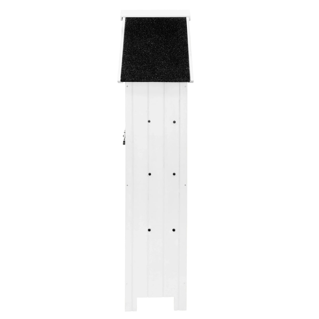 Tall white wooden garden shed with a sloped black roof, featuring vertical paneling and ventilation holes for airflow