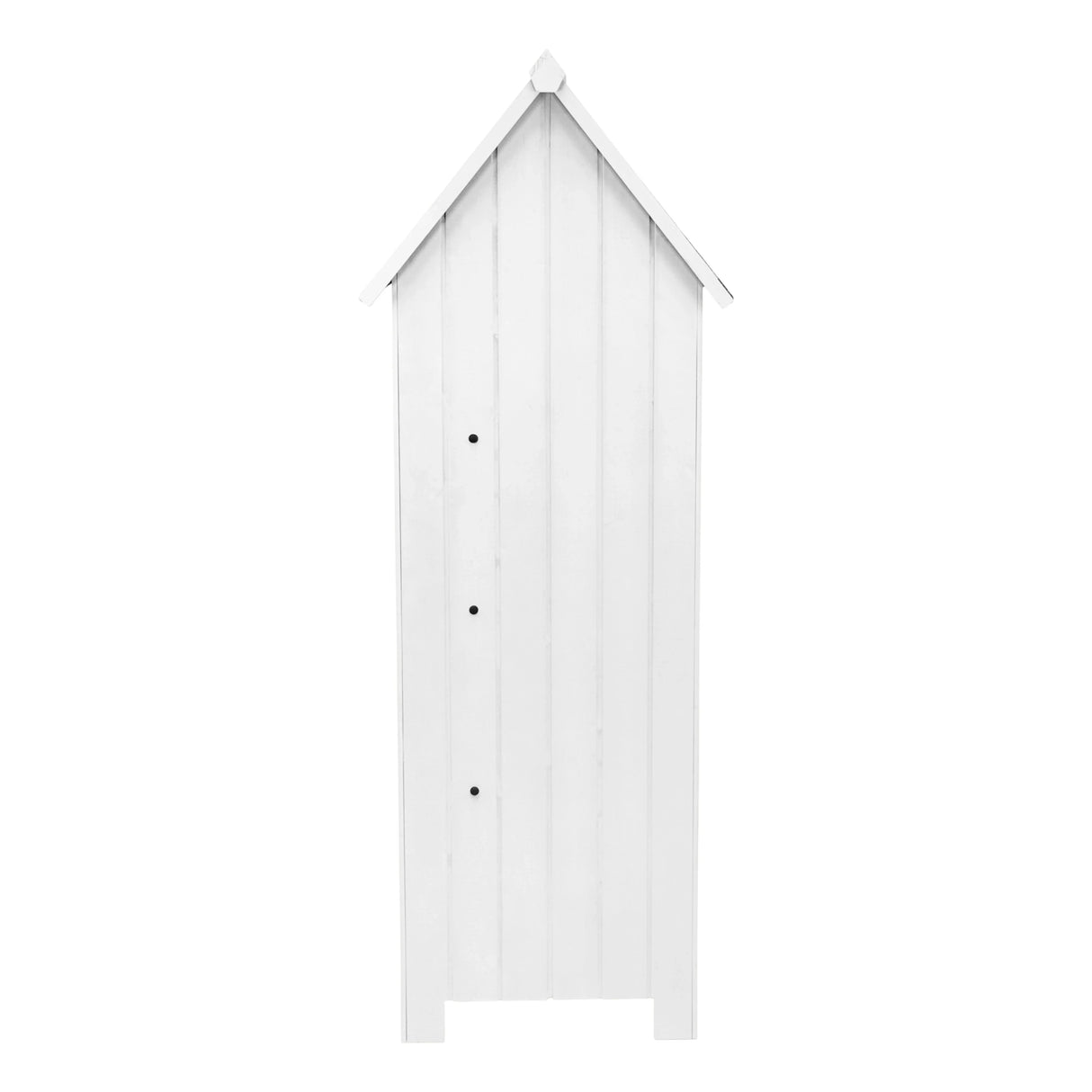 Tall white wooden garden shed with a peaked roof, featuring vertical slats and three circular ventilation holes for airflow