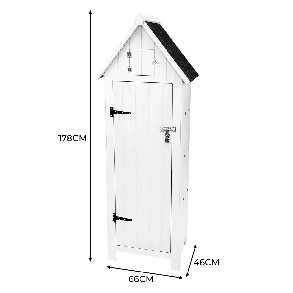 Tall white wooden garden shed with a sloped roof, featuring a lockable door, side window, and vertical paneling for storage