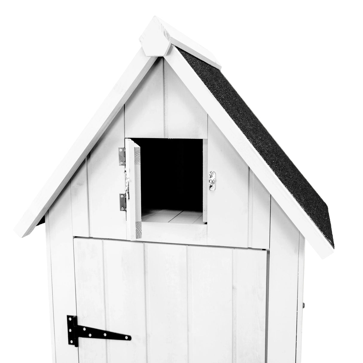 White wooden garden shed featuring a peaked roof, small window, and textured black shingles, ideal for outdoor storage